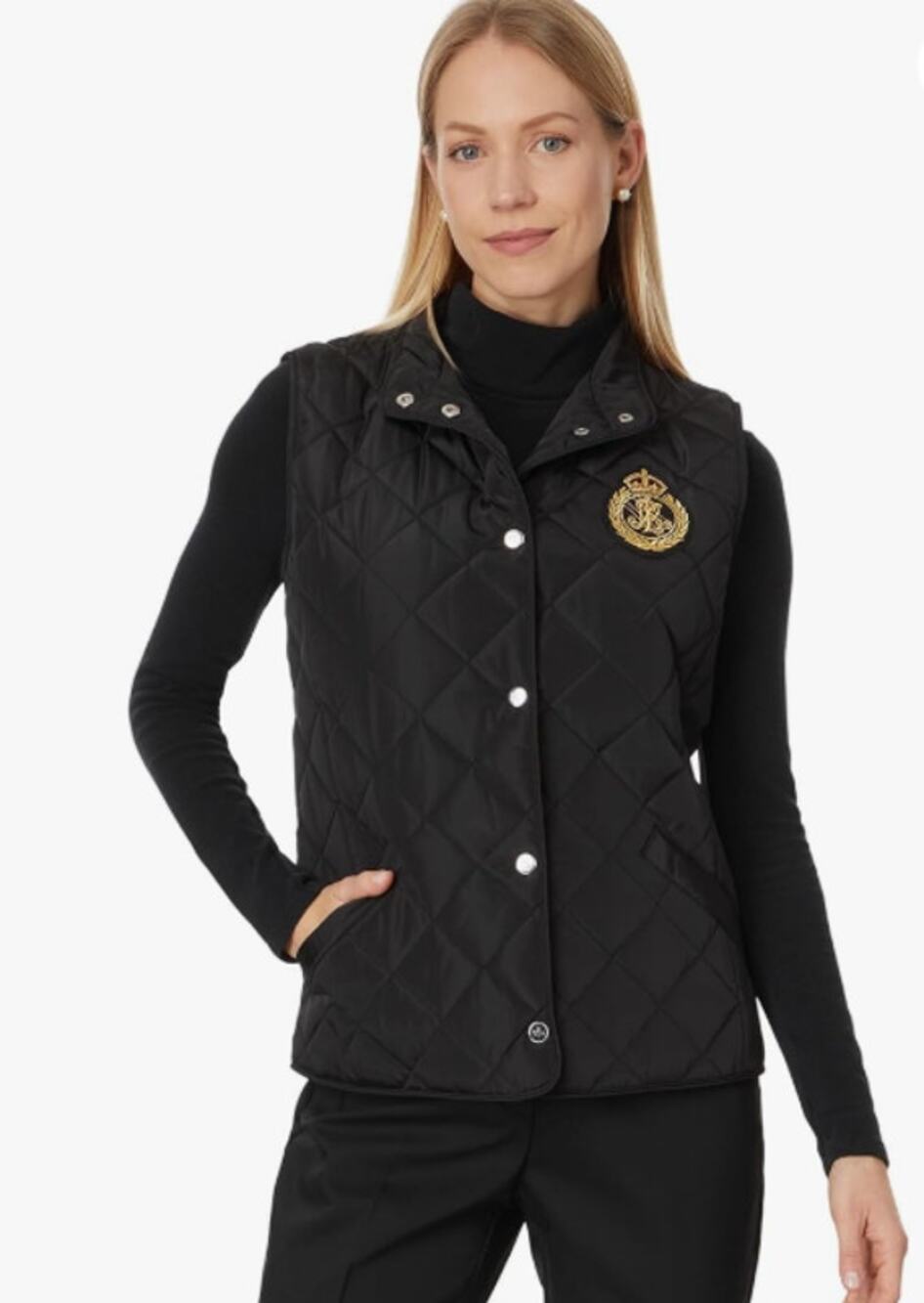LAUREN RALPH LAUREN Women's Quilted Vest Medium Black Crest Equestrain NWT